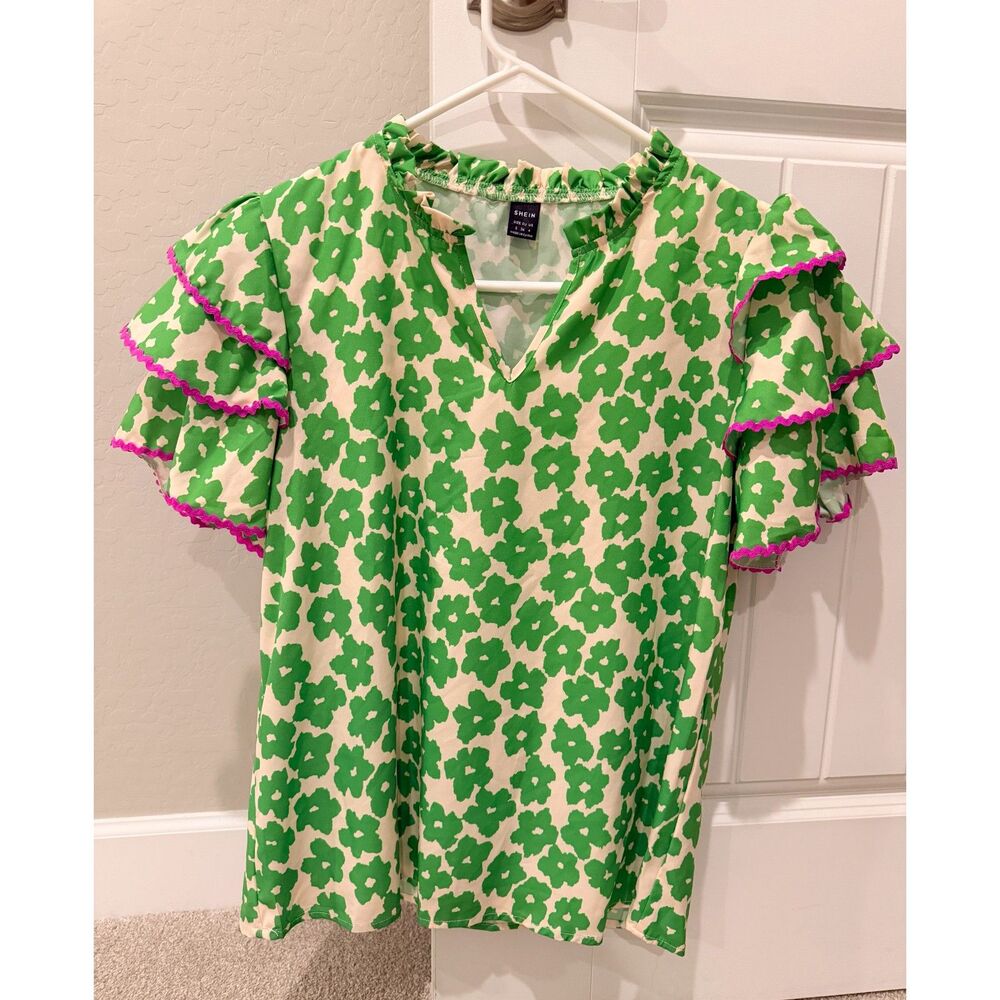 SHEIN Green Floral Ruffle Boho Top Pink Ric Rac Trim Sz S